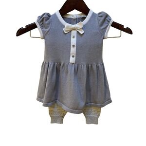 Janie and Jack Knit‎ Dress and Pants Set 3-6 Months Bow Button Gray Silver White